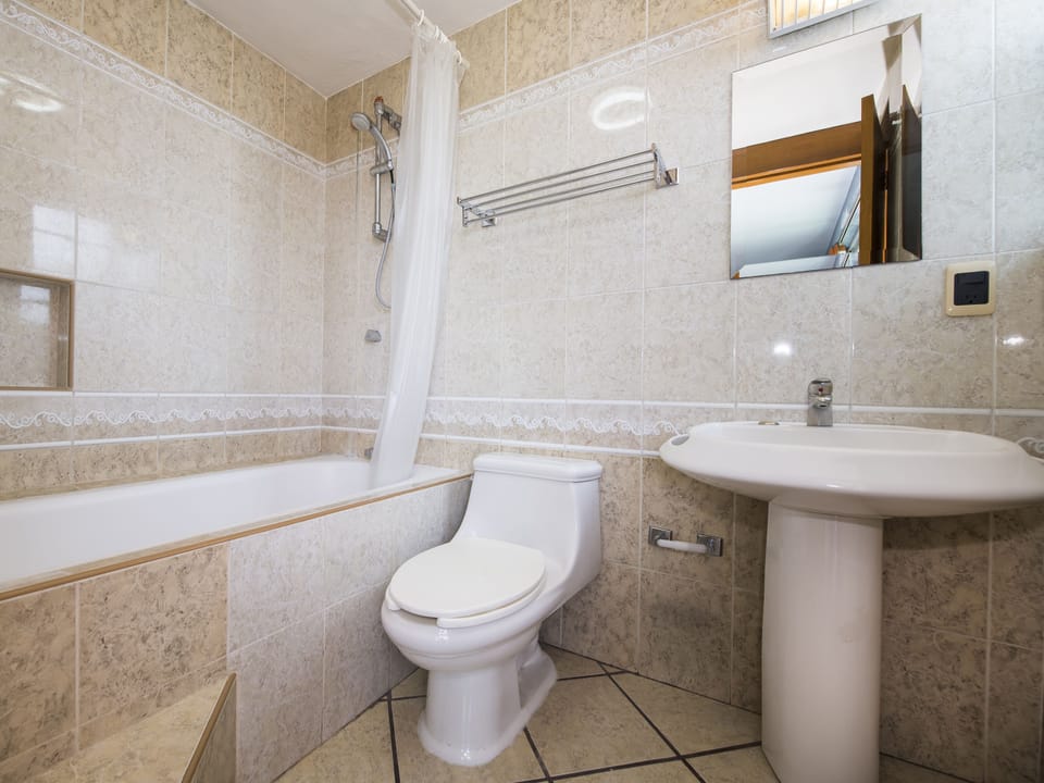 Separate tub and shower, free toiletries, towels
