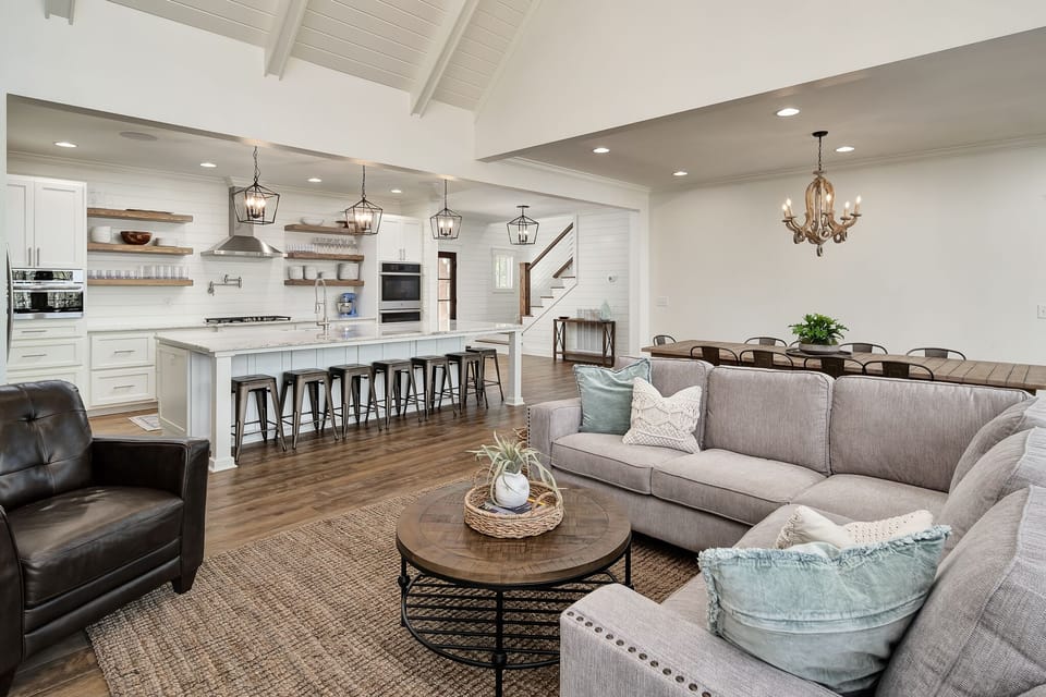 Living room, kitchen, and dining room