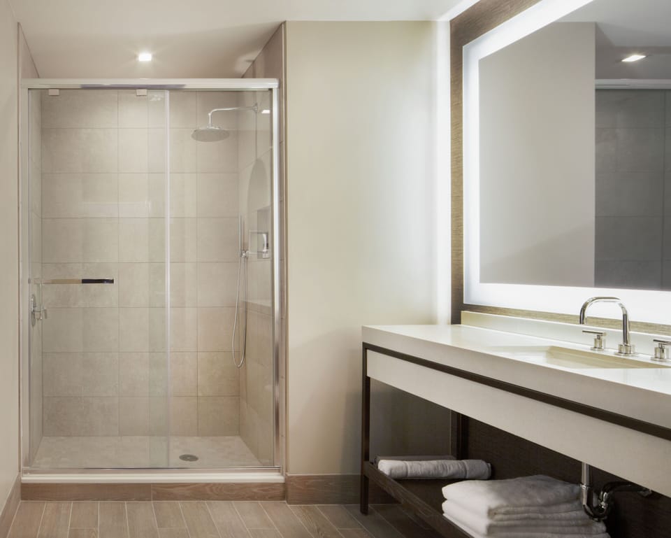 Designer toiletries, hair dryer, towels