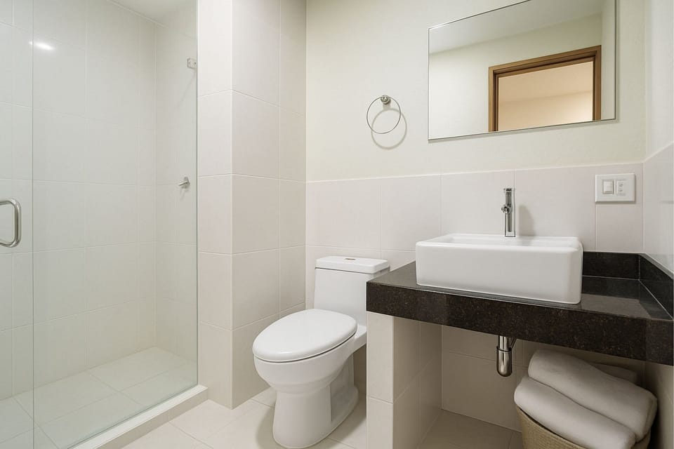 Shower, free toiletries, hair dryer, towels