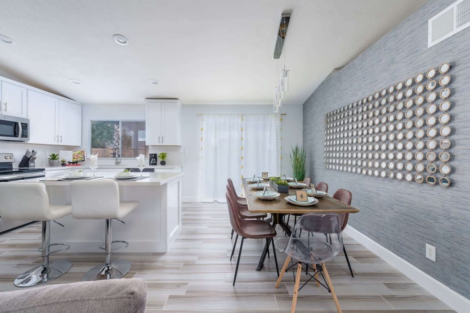Open concept kitchen and dining room with all the basic cooking essentials.