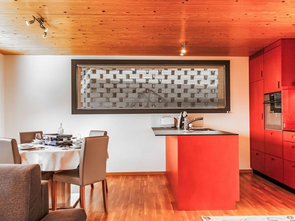 Table, Furniture, Cabinetry, Building, Chair, Wood, Interior Design, Orange, Countertop, Flooring