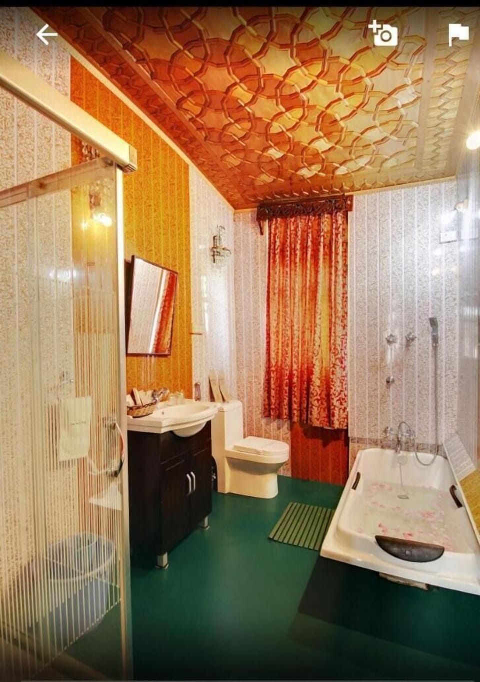 Shower, slippers, towels, shampoo