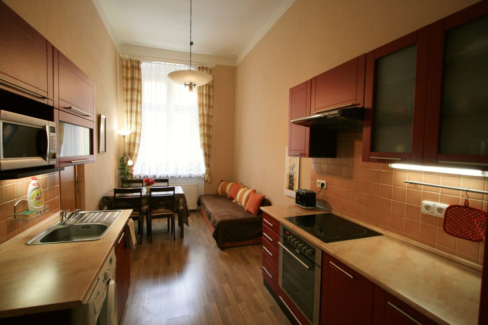 Apartment | Private kitchen | Full-size fridge, microwave, oven, stovetop