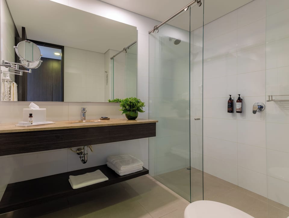 Rainfall showerhead, free toiletries, hair dryer, towels