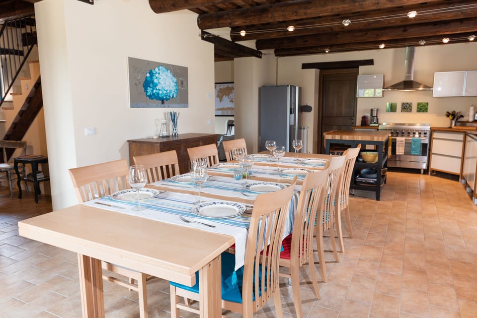 Dining room table into the kitchen.