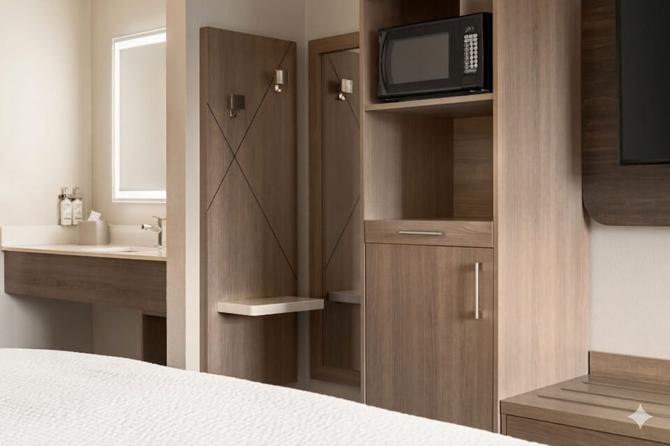 Premium bedding, pillowtop beds, desk, laptop workspace