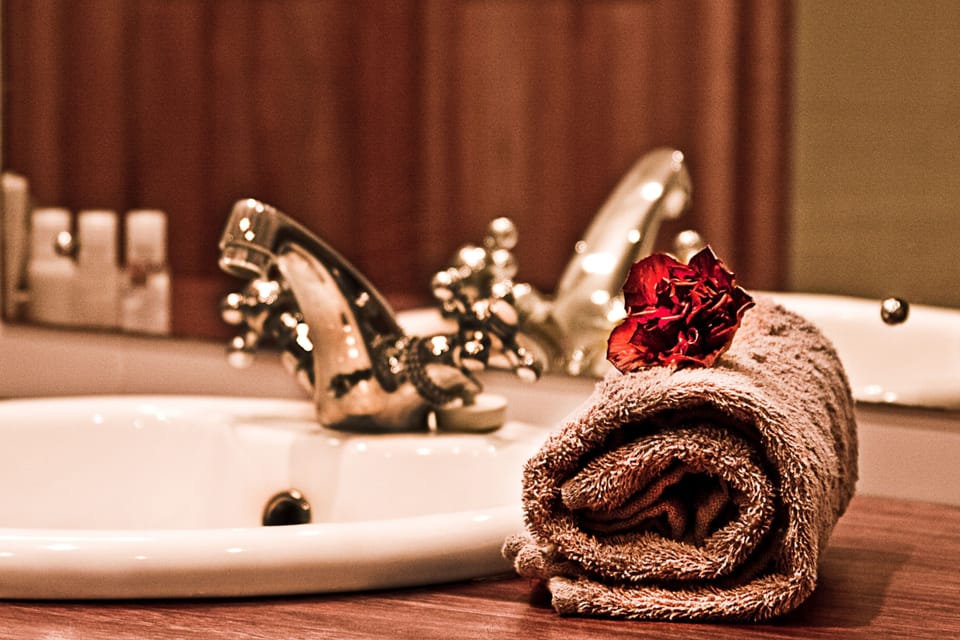 Combined shower/tub, deep soaking tub, free toiletries, hair dryer