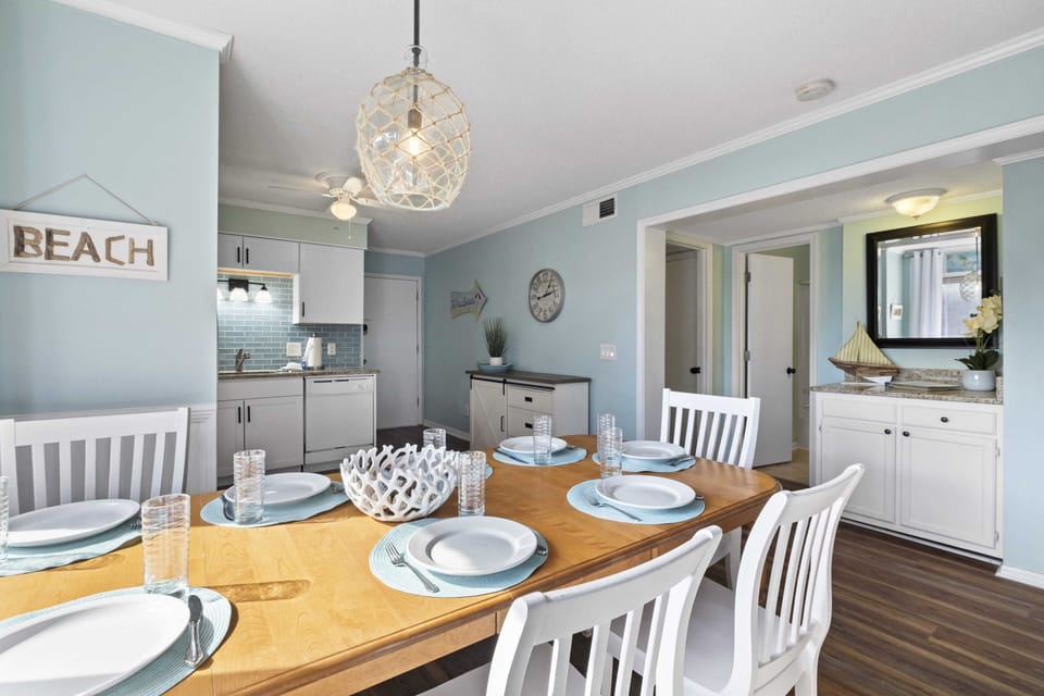 Gather around the large dining table for family meals or to play games together.