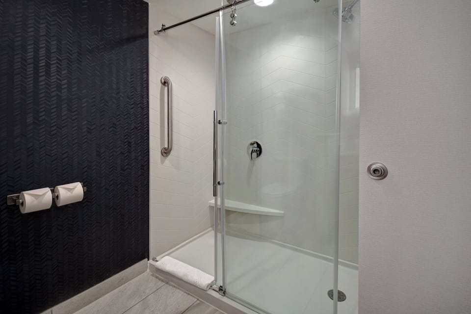 Hair dryer, towels, soap, shampoo