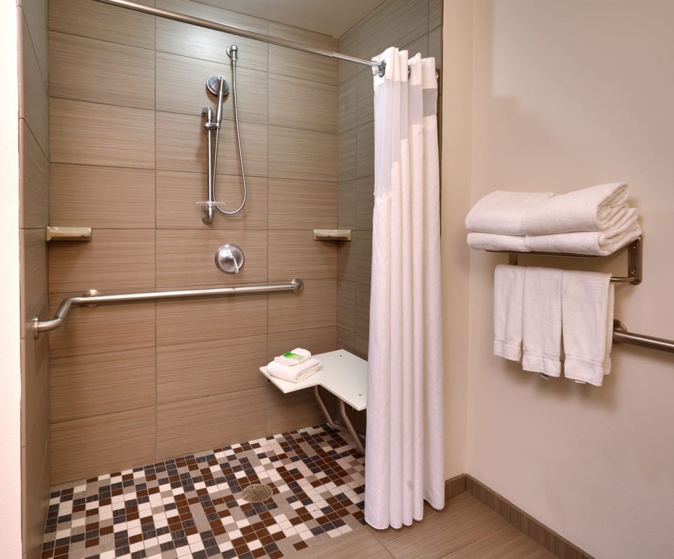 Standard Room, 1 King Bed (Roll-In Shower) | Bathroom | Hair dryer, towels