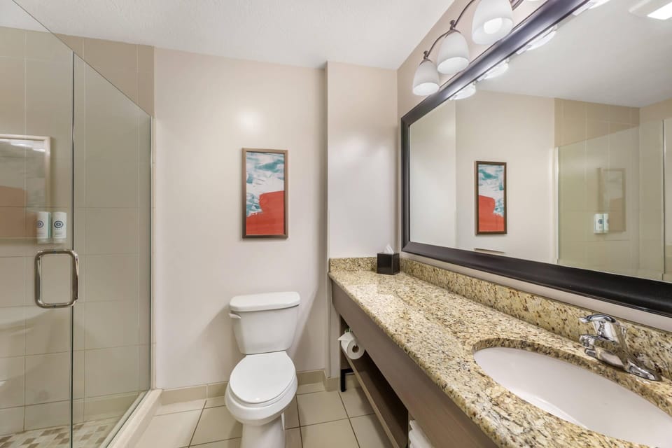 Hydromassage showerhead, free toiletries, hair dryer, towels