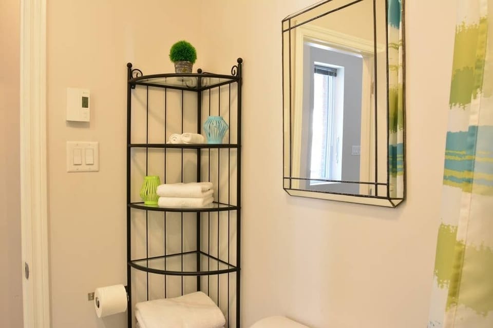 A lot of storage is available in the bathrooms.