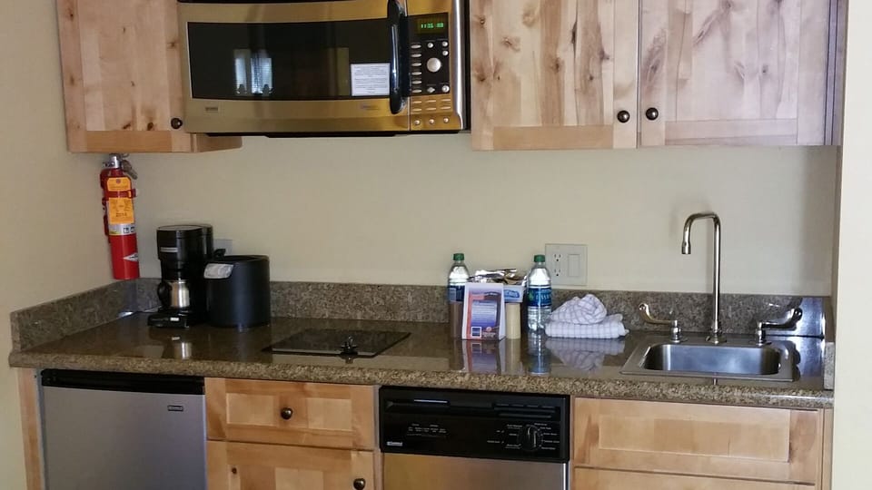 dishwasher, mini fridge, large microwave, single electric burner.