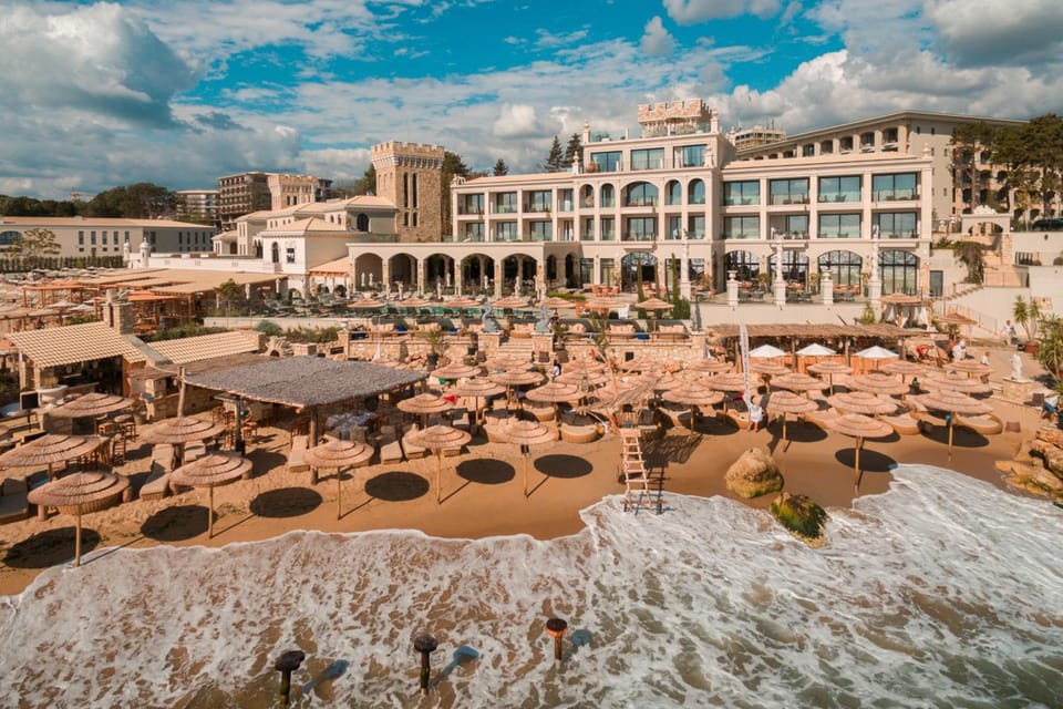On the beach, sun loungers, beach umbrellas, beach towels