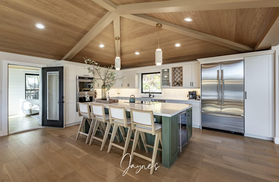 Spacious kitchen with vaulted ceilings and modern amenities