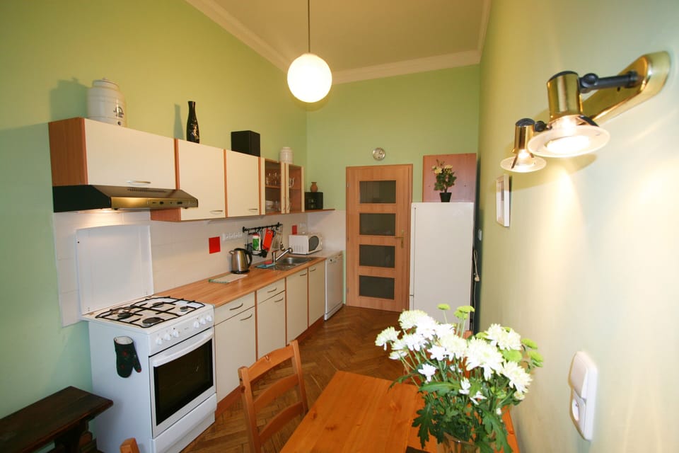 Apartment | Private kitchen | Full-size fridge, microwave, oven, stovetop