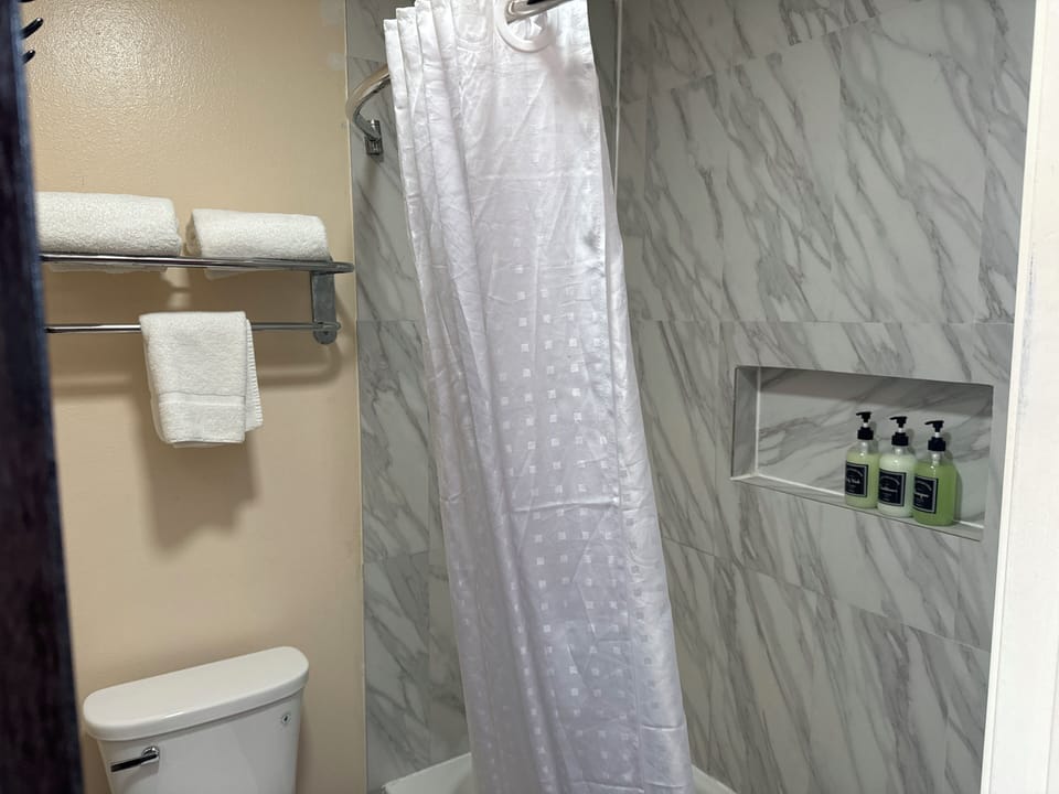 Combined shower/tub, hair dryer, towels