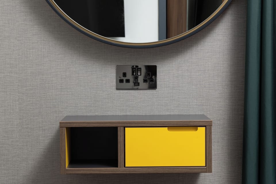 In-room safe, desk, laptop workspace, blackout drapes