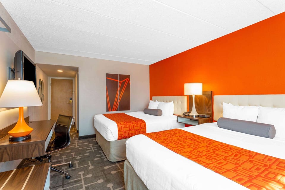 Room, 2 Queen Beds, Non Smoking | Desk, laptop workspace, blackout drapes, iron/ironing board