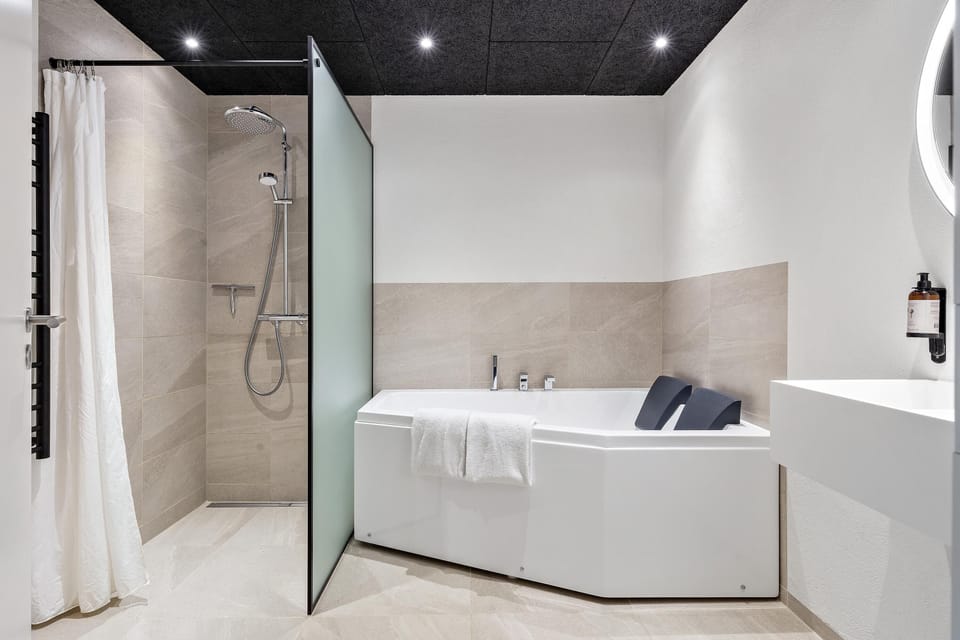 Junior Suite, 1 King Bed, Non Smoking (with Sofabed) | Bathroom | Shower, hair dryer, towels