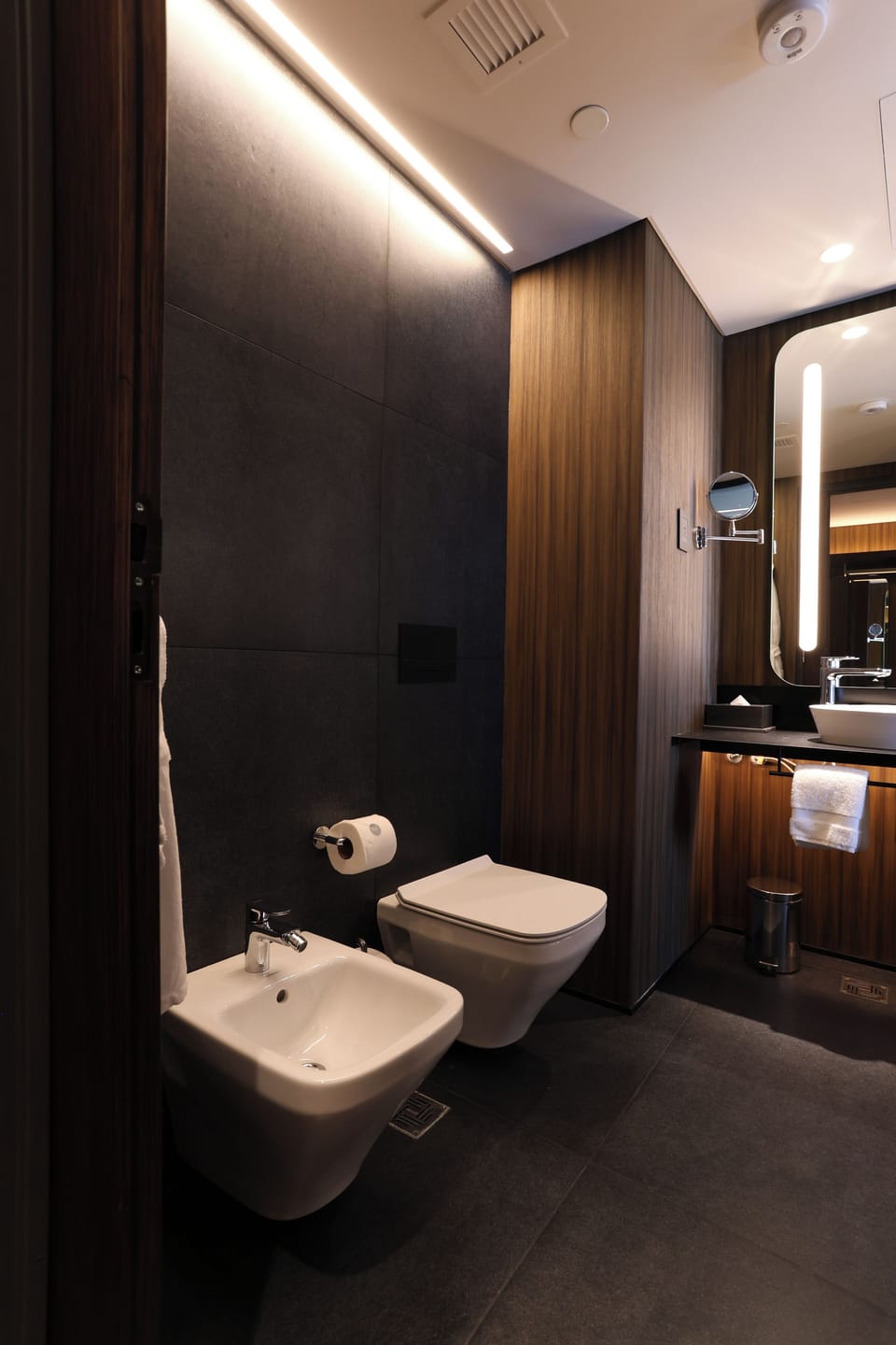 Shower, rainfall showerhead, designer toiletries, hair dryer