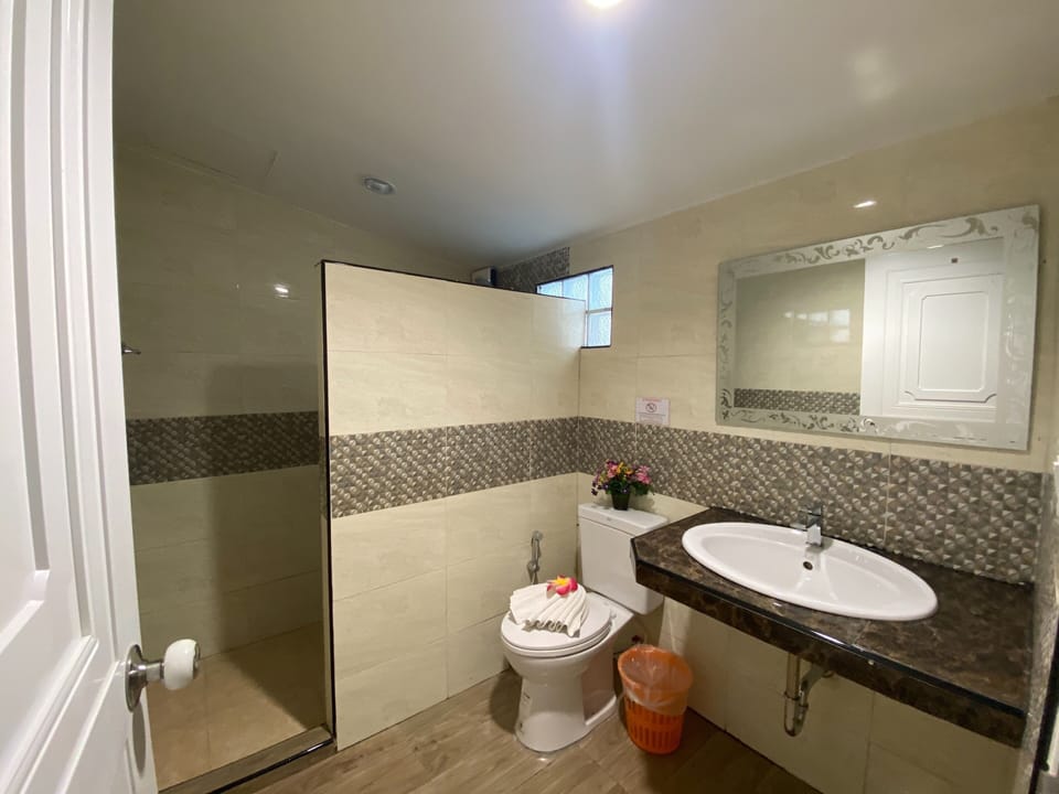 Shower, free toiletries, hair dryer, towels