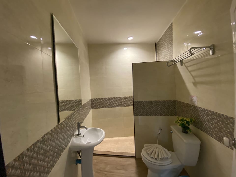 Shower, free toiletries, hair dryer, towels