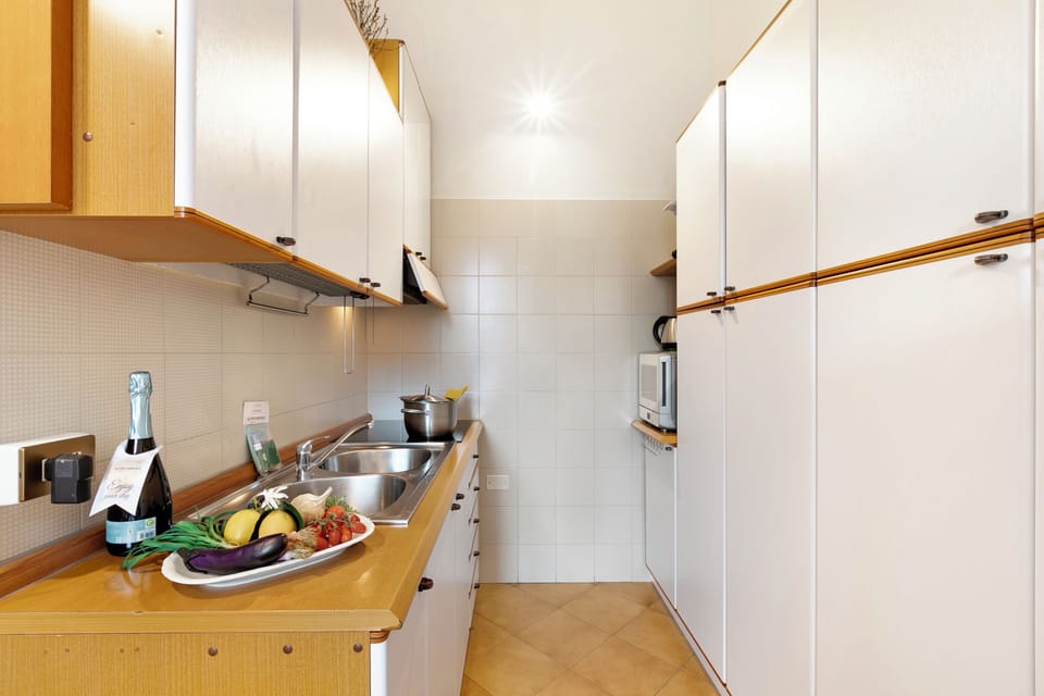 Full-size fridge, microwave, stovetop, electric kettle