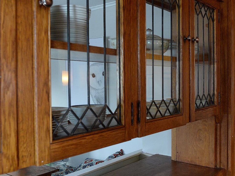 Original glass front cabinets above the pass through to the kitchen 