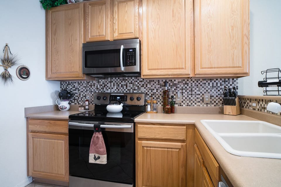 Kitchen has plenty of counter space for preparing gourmet meals