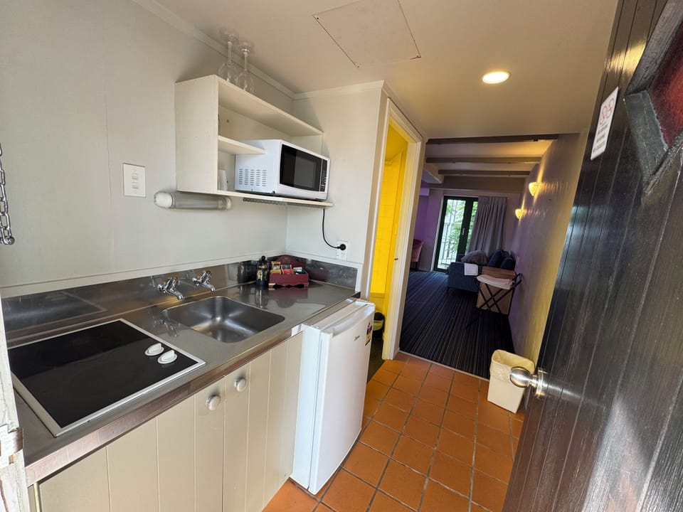 Mini-fridge, microwave, stovetop, electric kettle