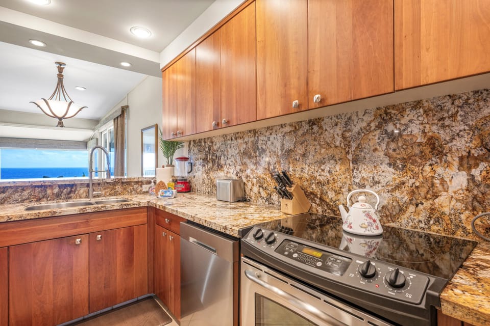 Gorgeous granite counters and backsplash
