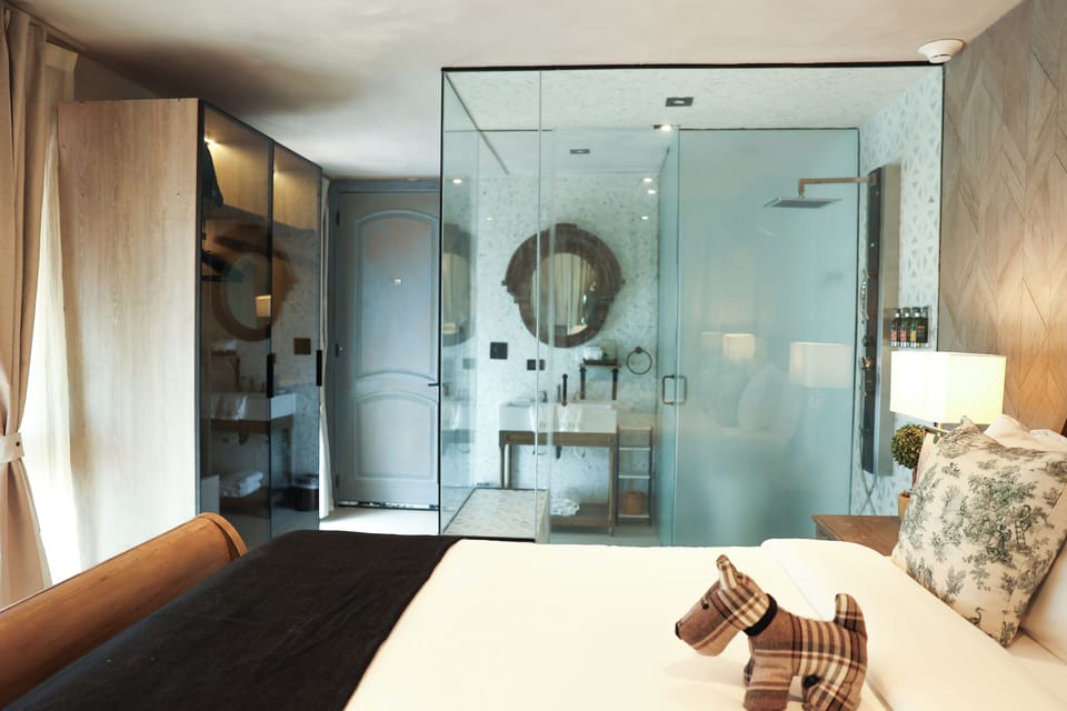 Shower, hydromassage showerhead, designer toiletries, hair dryer