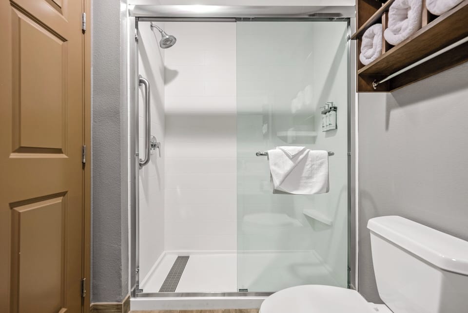 Combined shower/tub, free toiletries, hair dryer, towels