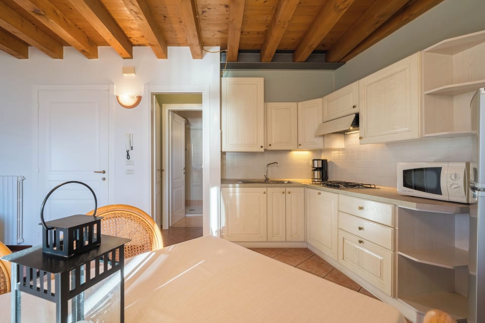 Full-size fridge, microwave, stovetop, dishwasher