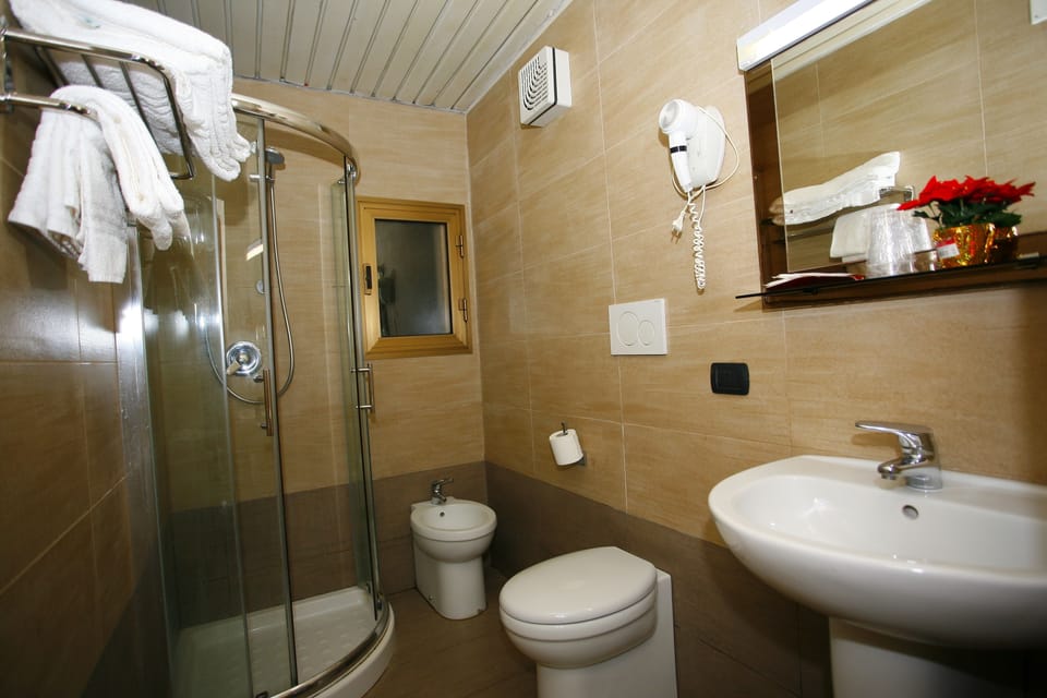 Shower, free toiletries, hair dryer, towels
