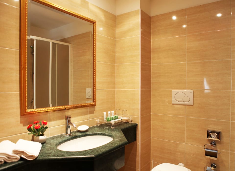 Combined shower/tub, free toiletries, hair dryer, bidet