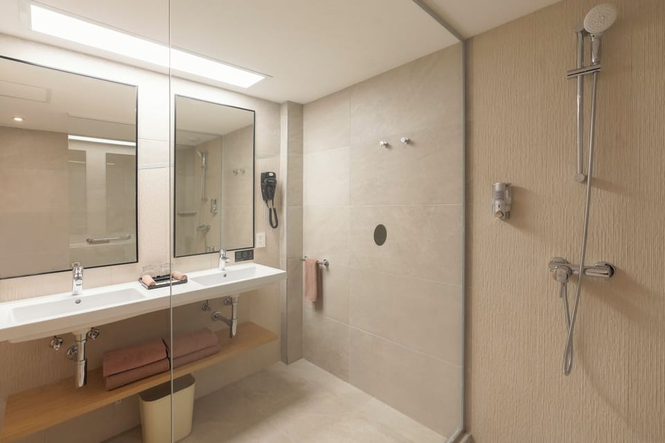 Combined shower/tub, eco-friendly toiletries, hair dryer, towels