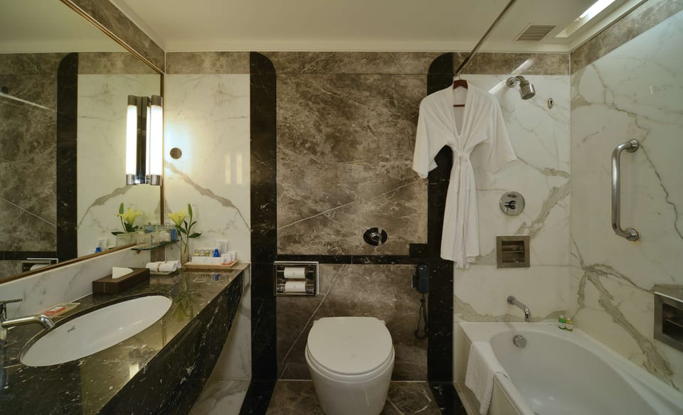 Combined shower/tub, free toiletries, hair dryer, bathrobes