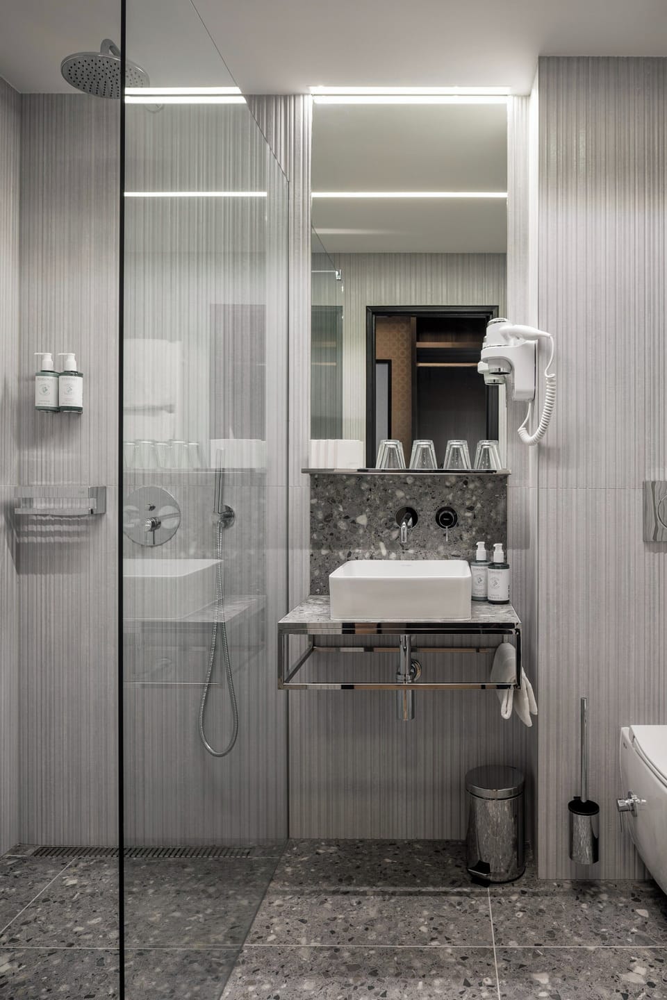 Shower, eco-friendly toiletries, hair dryer, towels
