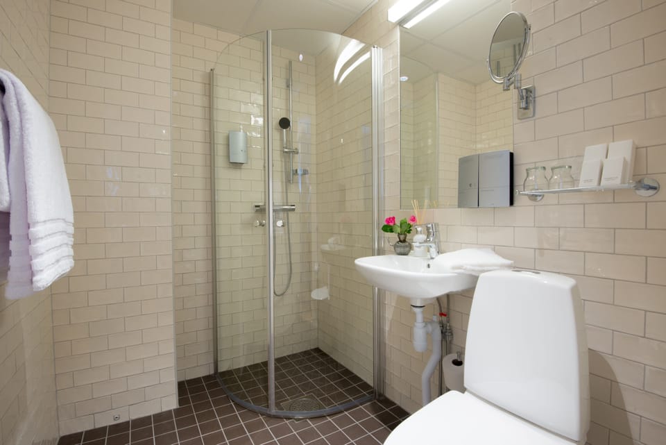 Shower, free toiletries, hair dryer, towels