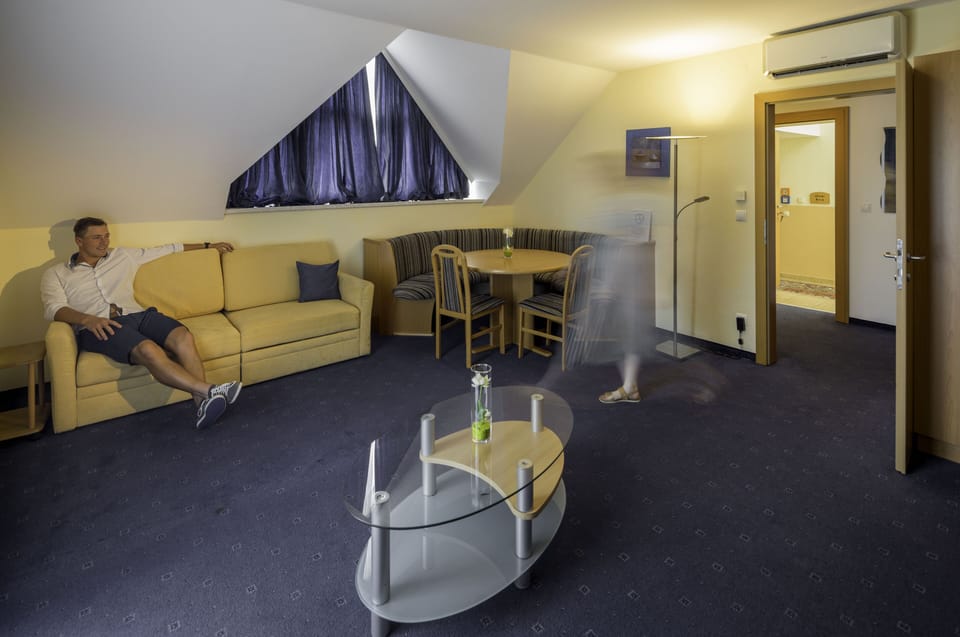 Basic Apartment | Living area | 32-inch flat-screen TV with satellite channels, TV, heated floors