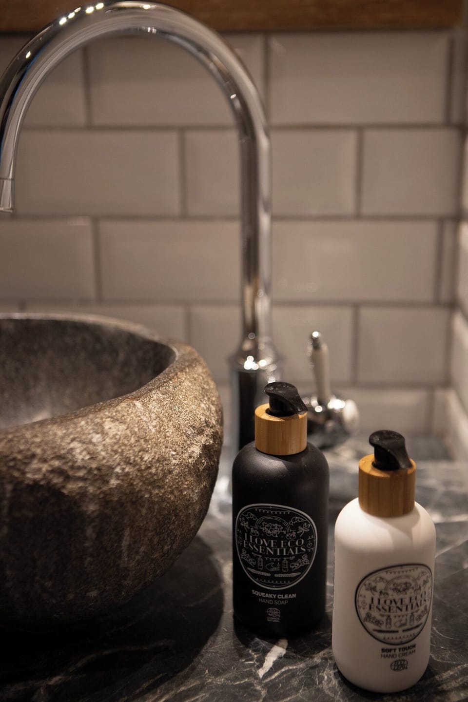 Designer toiletries, hair dryer, towels, soap