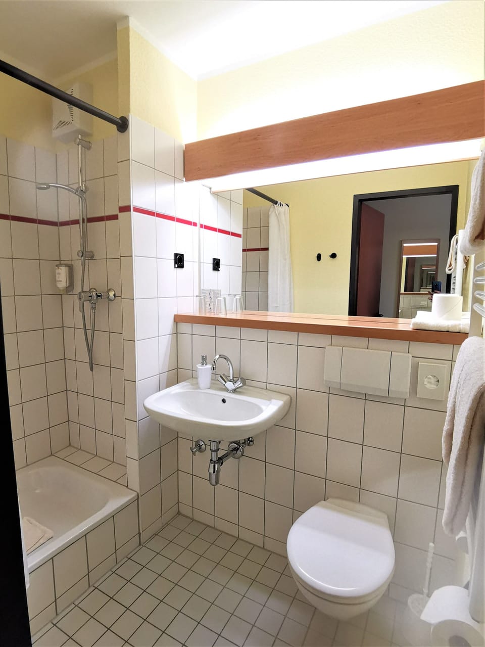Shower, hair dryer, towels