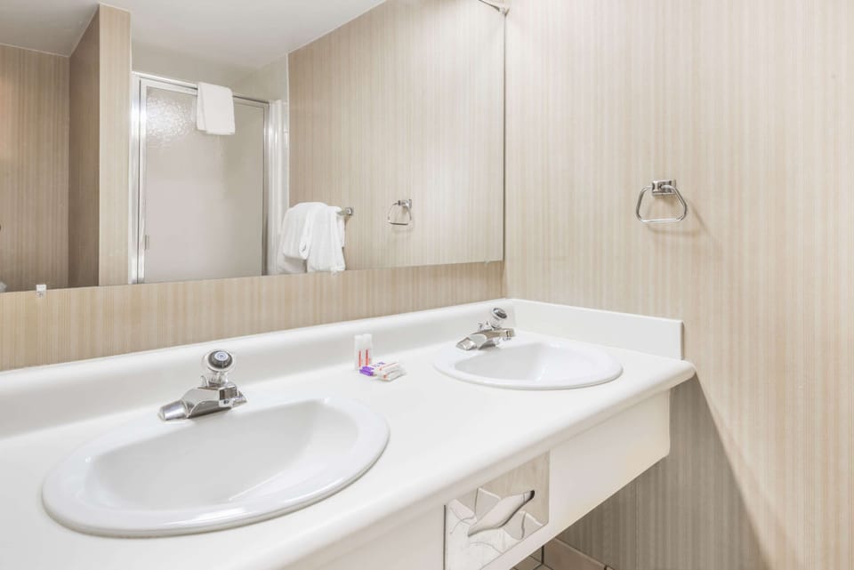 Combined shower/tub, free toiletries, hair dryer, towels