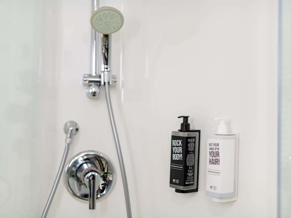 Shower, eco-friendly toiletries, hair dryer, towels