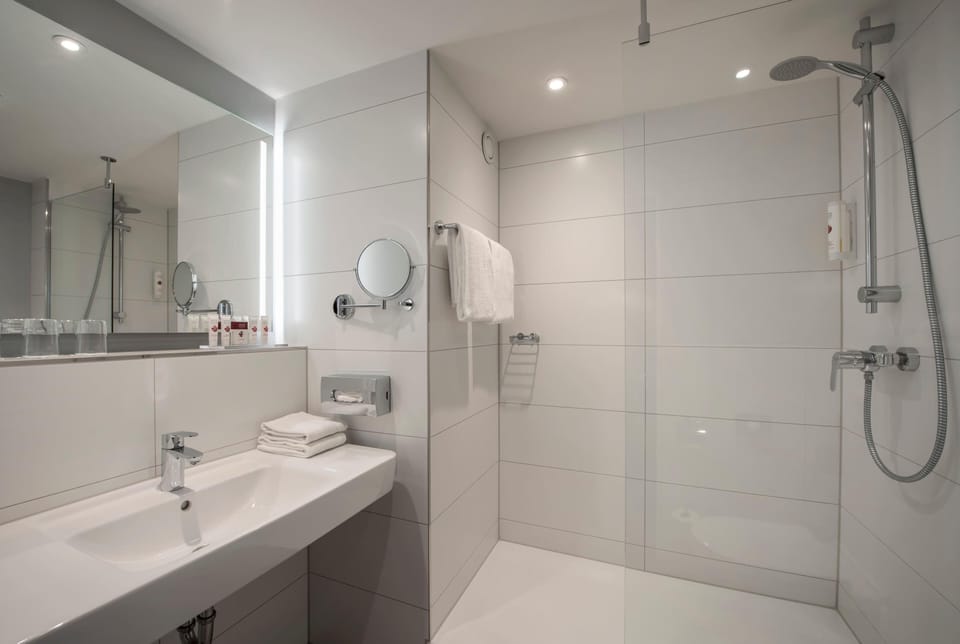 Hair dryer, towels, soap, shampoo