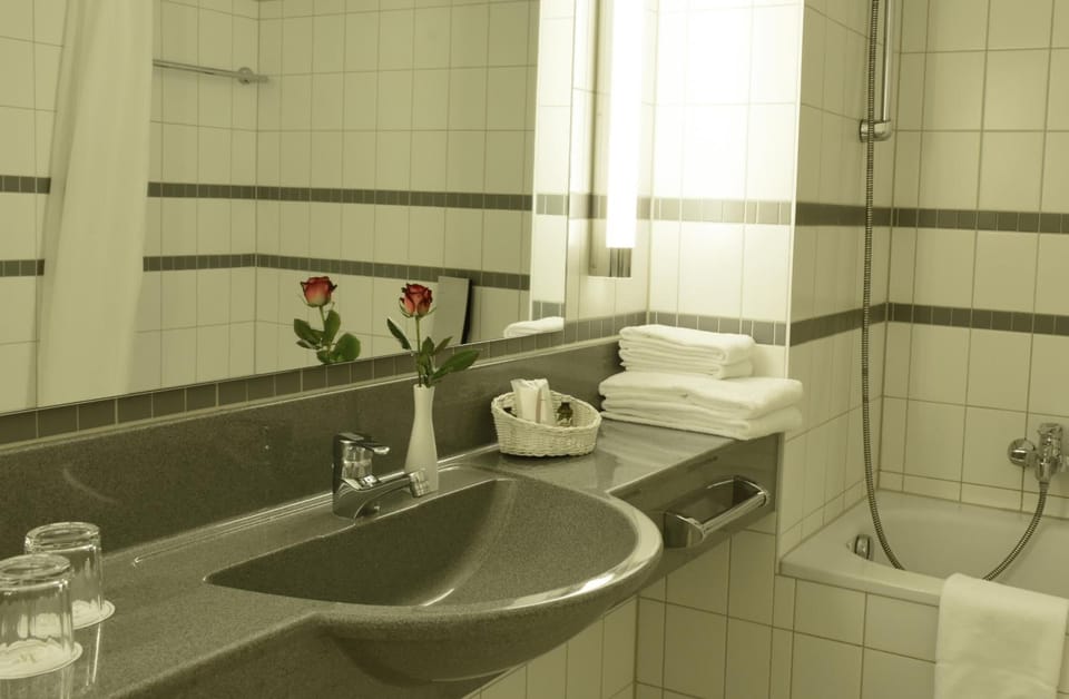 Combined shower/tub, free toiletries, hair dryer, towels