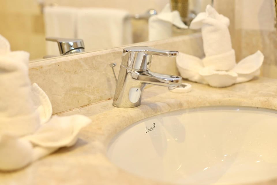 Separate tub and shower, hair dryer, slippers, bidet